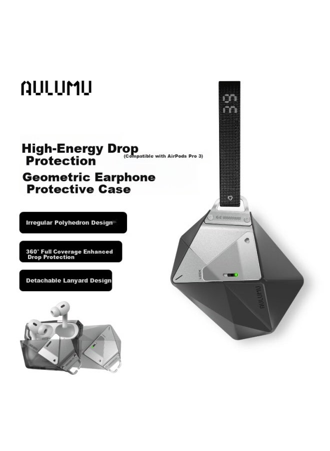 Aulumu New Geometric Earphone Protective Case For Apple Airpods Pro 3 Full Coverage Shockproof Drop-resistant Mecha Tech Cool Style Black