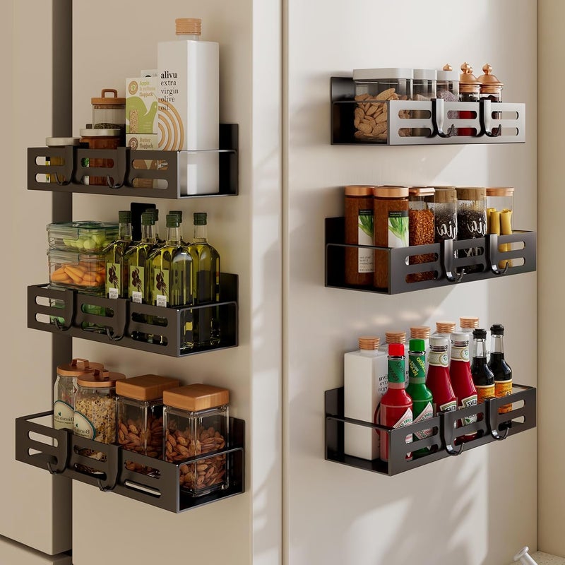 SETBAOO 6 Pack Magnetic Spice Rack for Refrigerator Set, Black Magnetic Shelf and Fridge Kitchen Cabinet Organizers Storage Seasoning Organization Mini Shelves. - Image 1