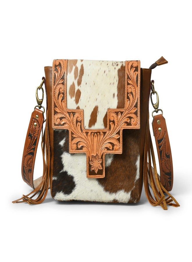 ADYAN Western Purse Genuine Leather Floral Tooled Fringe Women Crossbody Bag - Leather Western Bag with Leather Strap for College Office Travel (White and Brown) - Image 1