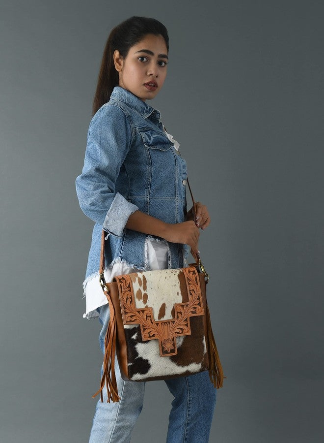 ADYAN Western Purse Genuine Leather Floral Tooled Fringe Women Crossbody Bag - Leather Western Bag with Leather Strap for College Office Travel (White and Brown) - Image 2