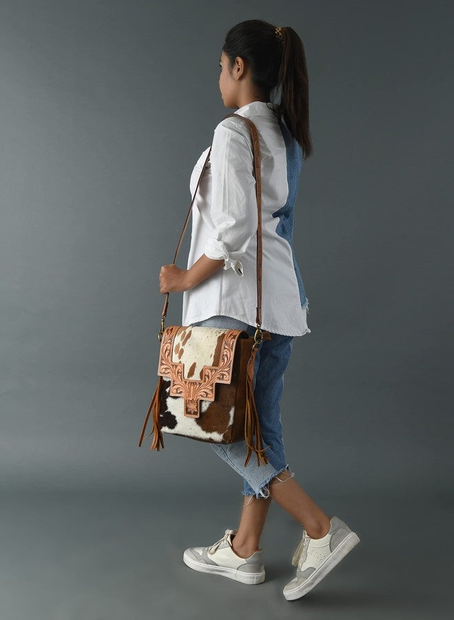 ADYAN Western Purse Genuine Leather Floral Tooled Fringe Women Crossbody Bag - Leather Western Bag with Leather Strap for College Office Travel (White and Brown) - Image 3
