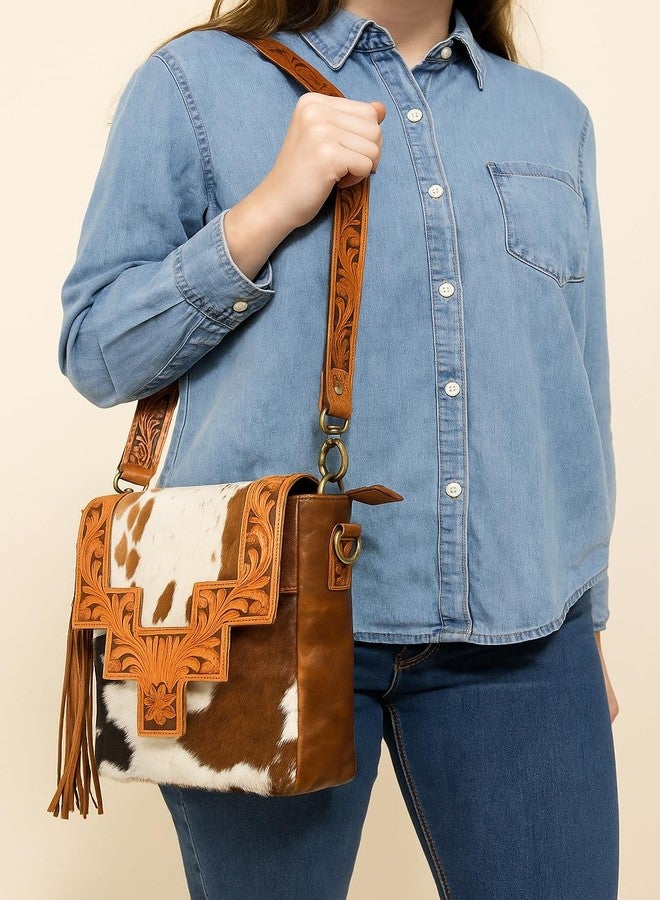 ADYAN Western Purse Genuine Leather Floral Tooled Fringe Women Crossbody Bag - Leather Western Bag with Leather Strap for College Office Travel (White and Brown) - Image 5