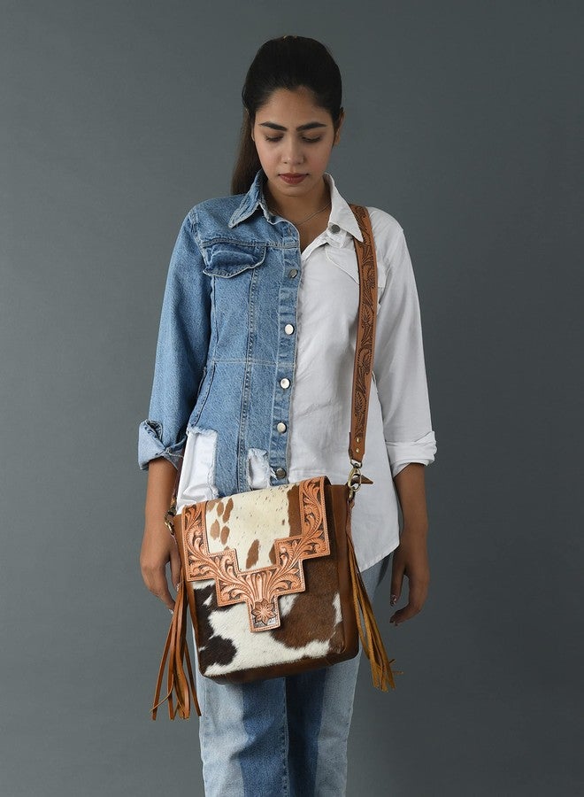 ADYAN Western Purse Genuine Leather Floral Tooled Fringe Women Crossbody Bag - Leather Western Bag with Leather Strap for College Office Travel (White and Brown) - Image 4