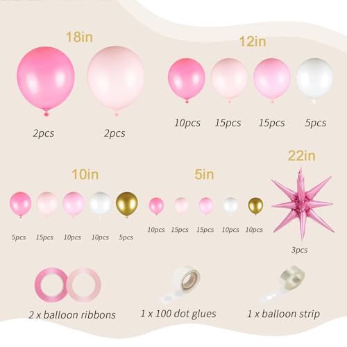 OWPFJG 161pcs Pink Balloons Arch Kit, Pastel Macaron Pink and Gold White With 3pcs Starburst Foil Balloons for Birthday Baby Shower Bridal Shower Wedding Valentine’s Party Decorations - Image 2