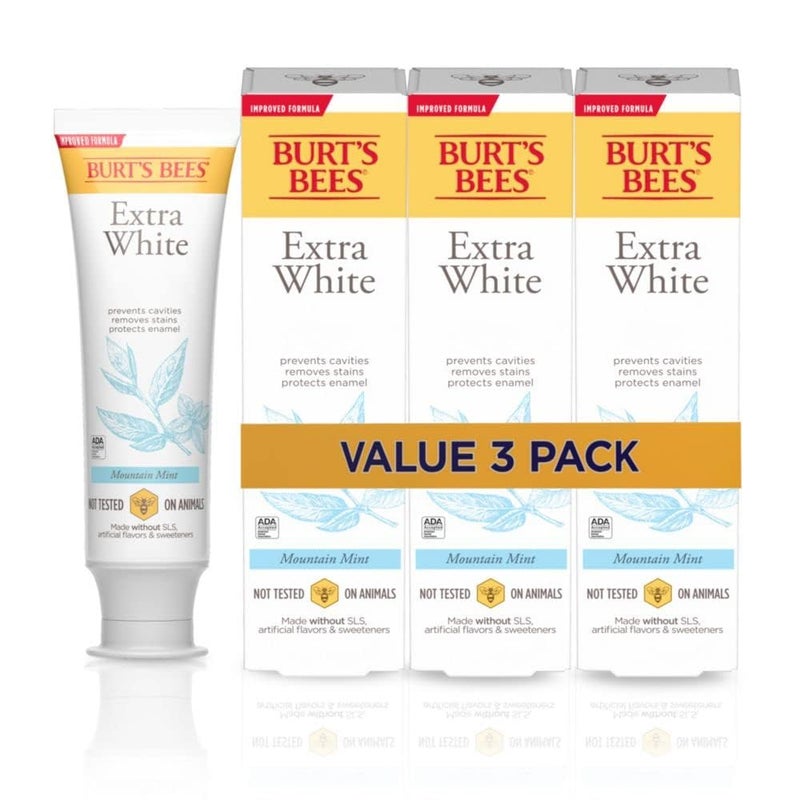 Burt's Bees Extra White Toothpaste, Fluoride Toothpaste, Natural Flavor, Mountain Mint, 4.7 oz, Pack of 3 - Image 1