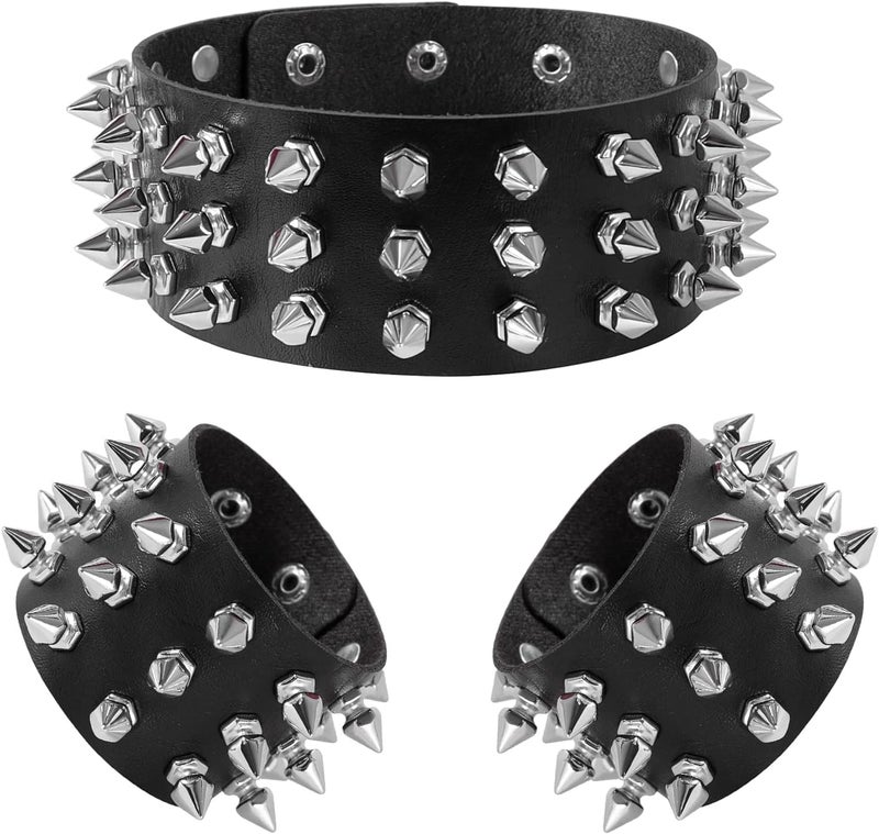 Zikra 3 Pcs Punk Studded Bracelet Rivets Bracelet, Pirate Rock Punk Biker Wide Strap Leather Bracelet, Metal Spike Studded Rivets Bracelet Cuff for Mens Womens Rock Vintage   Style Adult - Image 1