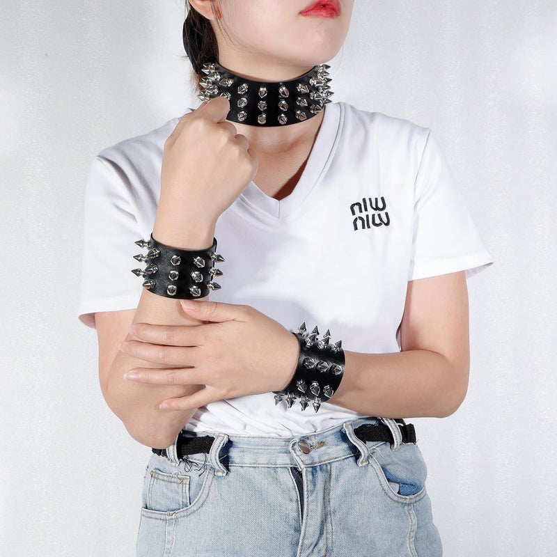 Zikra 3 Pcs Punk Studded Bracelet Rivets Bracelet, Pirate Rock Punk Biker Wide Strap Leather Bracelet, Metal Spike Studded Rivets Bracelet Cuff for Mens Womens Rock Vintage   Style Adult - Image 4