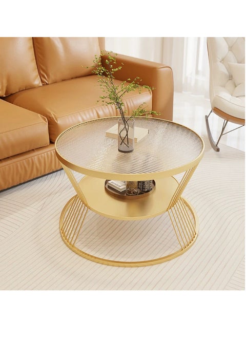 Modern Round Coffee Table 2 Tier Sofa Side Table with Open Storage Shelf Glass Top and Metal Frame, Tea Table for Living Room Bedroom Home Office(Gold,60*60*45cm)
