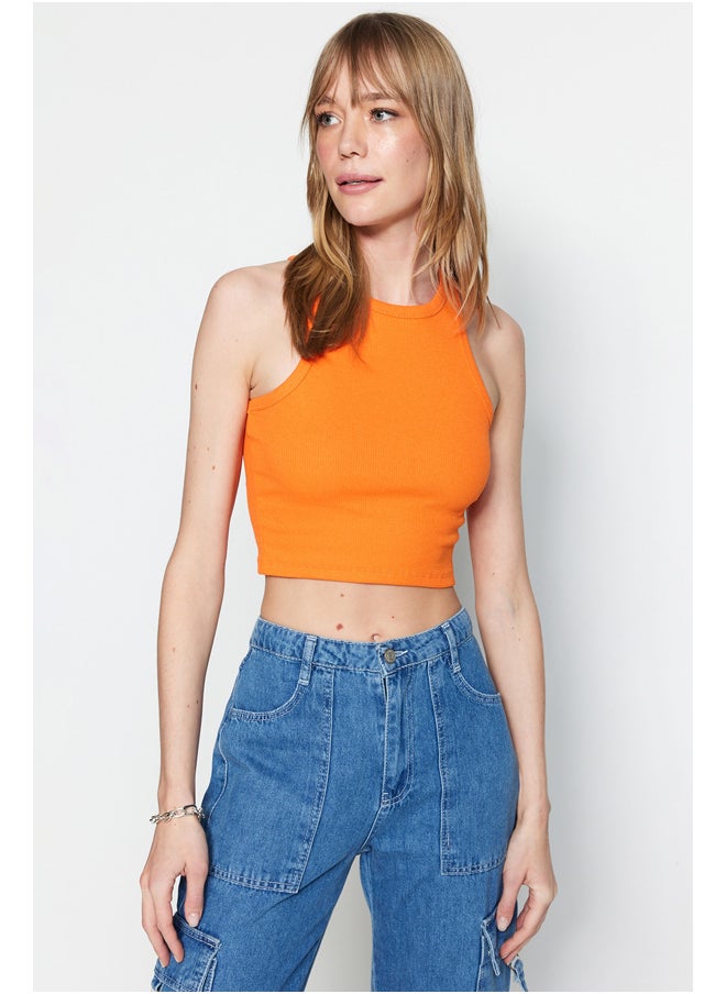 trendyol Orange Fitted/Skinned Crop Halterneck Corduroy Knitted Single Wear Singlet TWOSS21AL0050.  - Image 1
