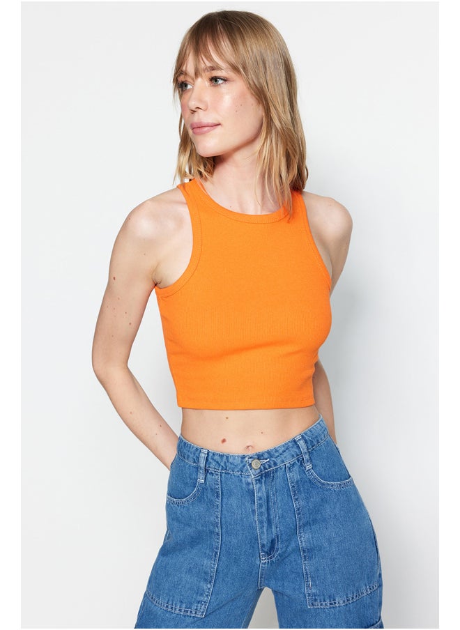 trendyol Orange Fitted/Skinned Crop Halterneck Corduroy Knitted Single Wear Singlet TWOSS21AL0050.  - Image 3