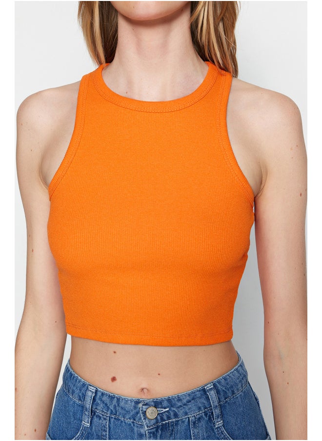 trendyol Orange Fitted/Skinned Crop Halterneck Corduroy Knitted Single Wear Singlet TWOSS21AL0050.  - Image 4