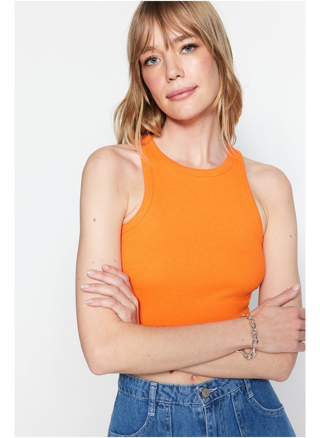 trendyol Orange Fitted/Skinned Crop Halterneck Corduroy Knitted Single Wear Singlet TWOSS21AL0050.  - Image 2