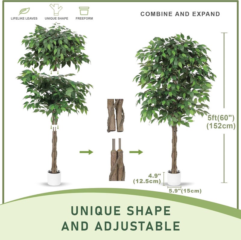 LYERSE Ficus Tree Artificial - 5ft Artificial Ficus Trees Indoor with Natural Trunk and Lifelike Leaves - Fake Ficus Tree for Home Office Corner Indoor Decor - Image 3