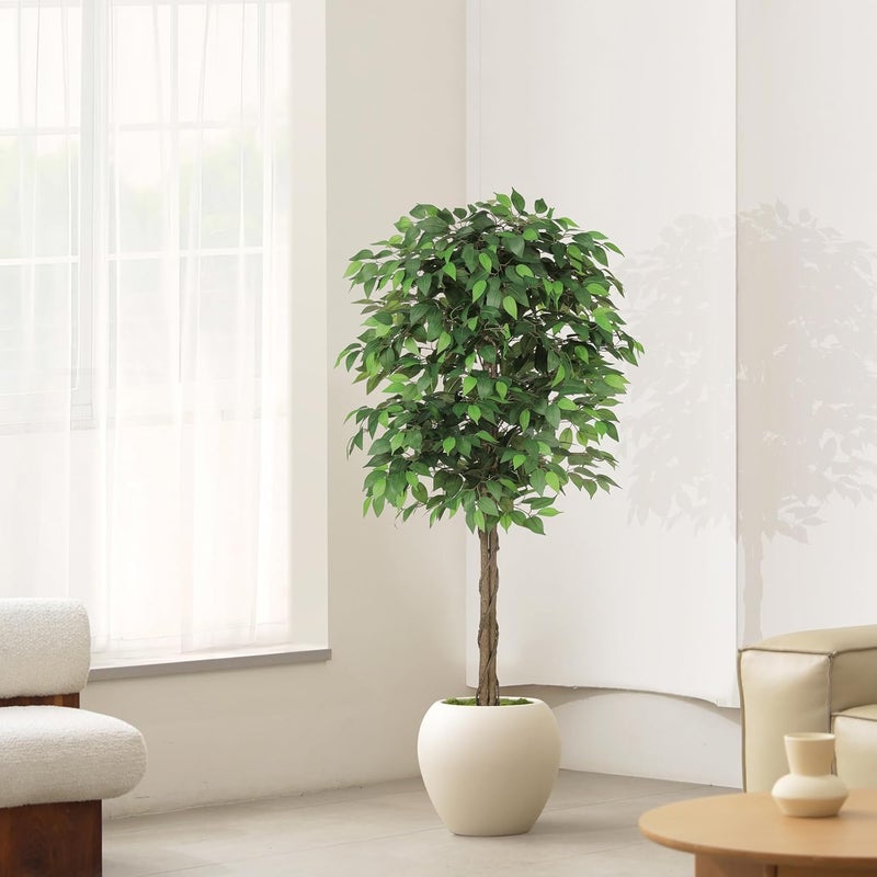 LYERSE Ficus Tree Artificial - 5ft Artificial Ficus Trees Indoor with Natural Trunk and Lifelike Leaves - Fake Ficus Tree for Home Office Corner Indoor Decor - Image 5