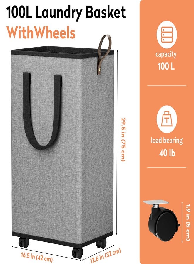 SpaceTrove Laundry Basket with Wheels, Collapsible Laundry Baskets, Laundry Hamper with Handles Detachable Wheels, Rolling Laundry Basket, Dirty Clothes Hamper for Bathroom, Dorm, Bedroom, Grey, 100L - Image 2
