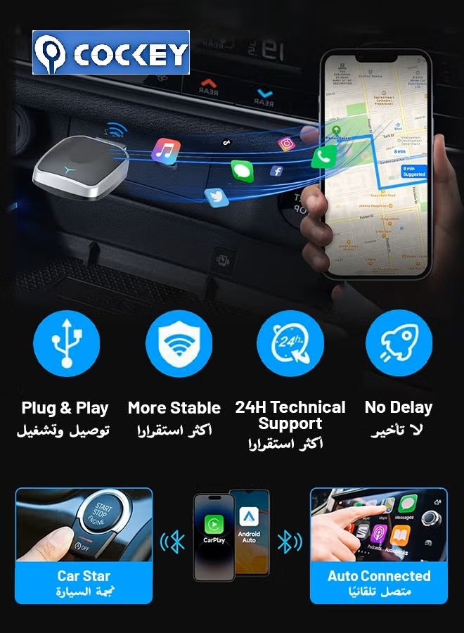 كوكي محول كاربلاي لاسلكي لآيفون وأندرويد، تحويل تلقائي للتوصيل والتشغيل محول كاربلاي آبل اللاسلكي، 5.2 بولتوث و 5.8 جيجاهرتز بدون تأخير والتحكم الثابت مع USB-C و Type-C. - Image 4