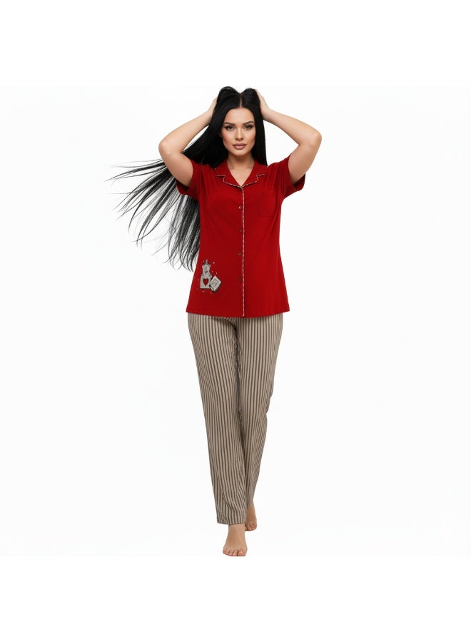 جوانا طقم بيجاما نسائي بطبعة لك مع الحب، قميص بأزرار وأكمام قصيرة وبنطال طويل، أحمر - Image 3