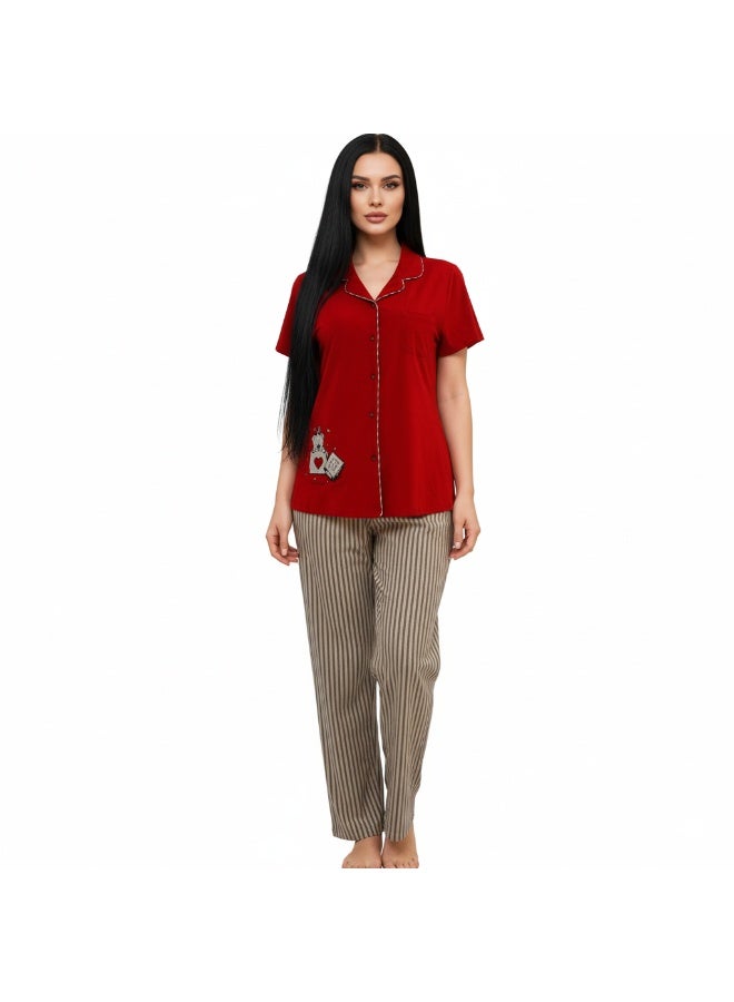 جوانا طقم بيجاما نسائي بطبعة لك مع الحب، قميص بأزرار وأكمام قصيرة وبنطال طويل، أحمر - Image 1