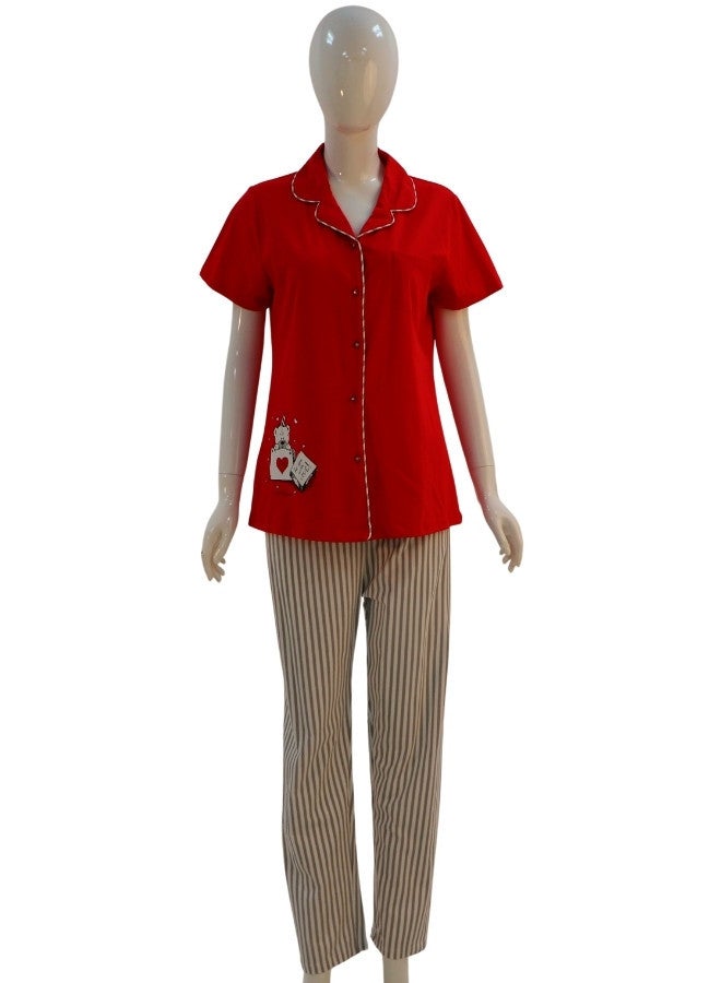 JOANNA JOANNA Women's For You With Love Print Button Down Short Sleeve Shirt & Long Pants Pajama Set, Red - Image 1