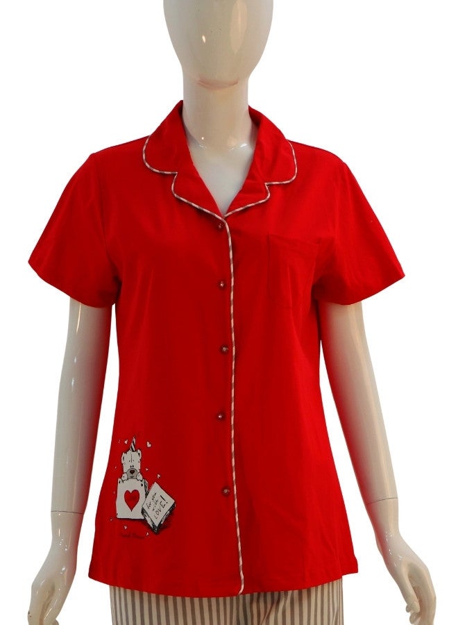 JOANNA JOANNA Women's For You With Love Print Button Down Short Sleeve Shirt & Long Pants Pajama Set, Red - Image 2
