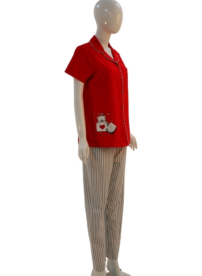 JOANNA JOANNA Women's For You With Love Print Button Down Short Sleeve Shirt & Long Pants Pajama Set, Red - Image 4