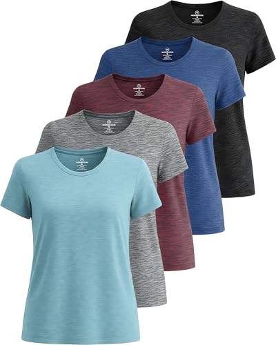 REALESSENTIALS Real Essentials 5 Pack: Women's Short Sleeve T-Shirts Workout Tops Fitness Pilates Gym Activewear Athletic (Plus Available), Set 8, M, Pack of 5 - Image 1