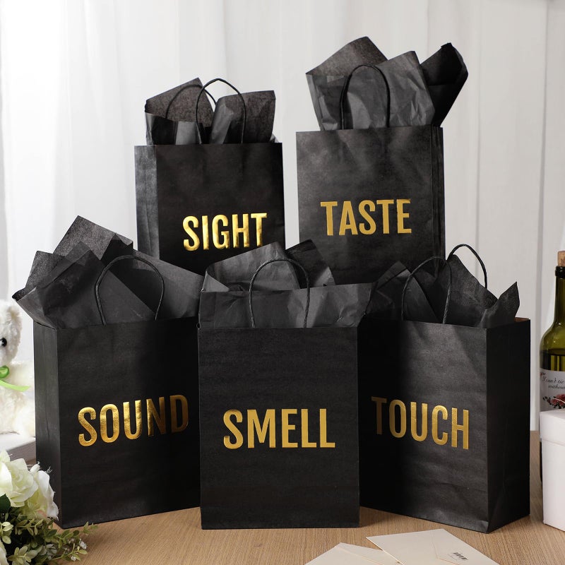 Kolldenn 5 Senses Gift Bags for Him for Her with 10 Pcs Tissue Paper, Paper Bags with Handles Five Senses Gifts for Valentines Christmas Birthday Wedding Anniversary(Black,8.3 x 4.3 x 10.6 Inch) - Image 3