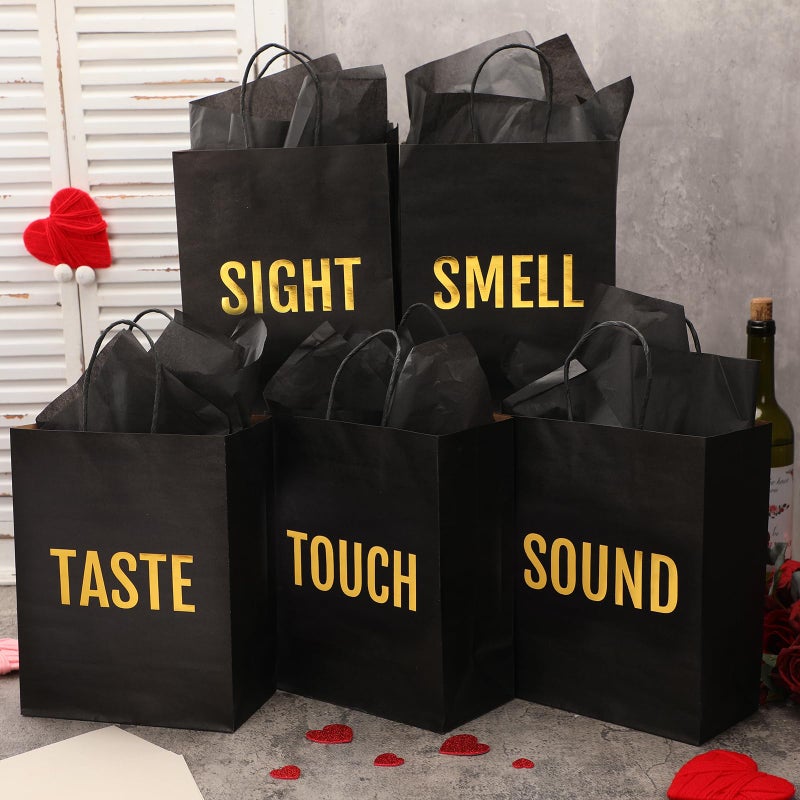 Kolldenn 5 Senses Gift Bags for Him for Her with 10 Pcs Tissue Paper, Paper Bags with Handles Five Senses Gifts for Valentines Christmas Birthday Wedding Anniversary(Black,8.3 x 4.3 x 10.6 Inch) - Image 4