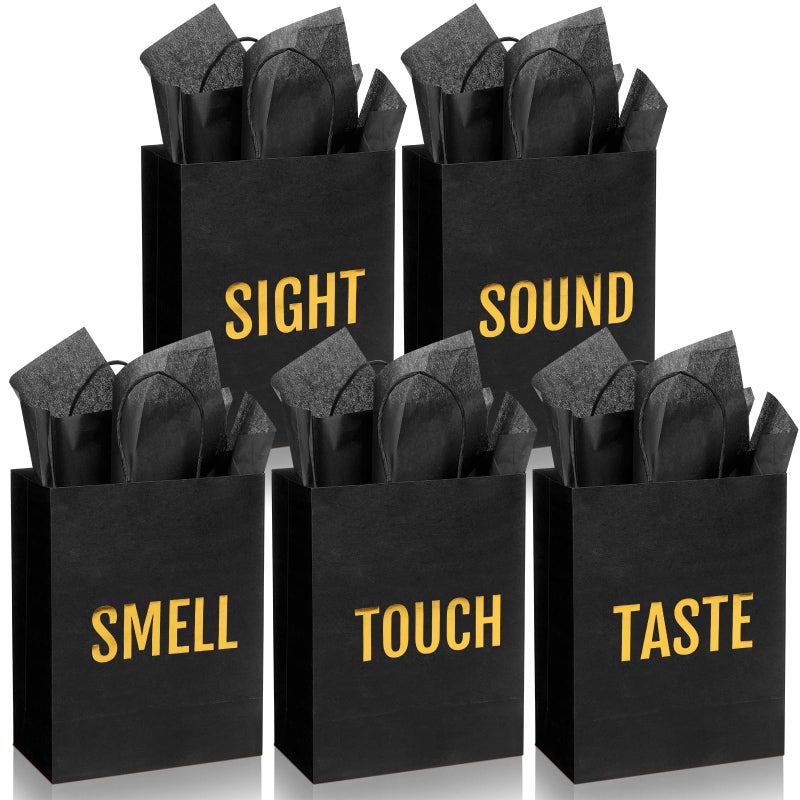 Kolldenn 5 Senses Gift Bags for Him for Her with 10 Pcs Tissue Paper, Paper Bags with Handles Five Senses Gifts for Valentines Christmas Birthday Wedding Anniversary(Black,8.3 x 4.3 x 10.6 Inch) - Image 1