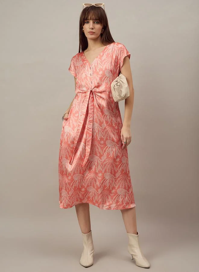 Kuwarii Orange Knot Front Midi Dress
