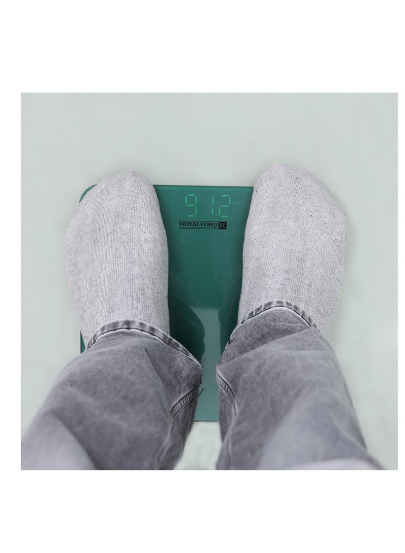 Royalford Electronic Body Scale- RF12029| Multi-Purpose Weighing Machine with High Precision, 4 Grain Gauge Accuracy Sensors| LED Display, Weighing Machine for Human Body-Weight Machine, 180 KG Capacity, Bathroom Scale, With Step-On Technology| Green - Image 4