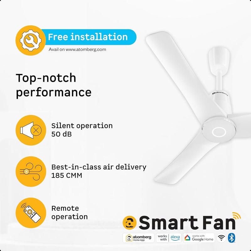 atomberg Aris Contour Smart 900mm Voice Controlled BLDC Ceiling Fan with Remote |BEE 5 star| Best-in-class Air Flow |Silent Operation| Designer Fan | Free Installation | 5 Year Warranty | Marble White - Image 5