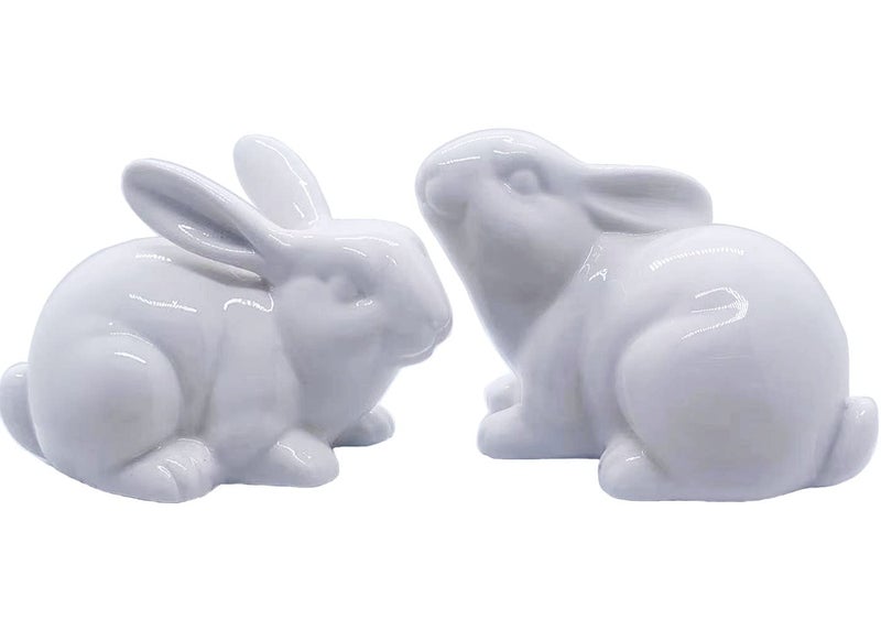 QIAOIDEA Set of 2 Porcelain Bunny Rabbit Statue Figurine Easter Spring Decoration Vintage Rustic White Bunny Figurines for Easter Dining Table Centerpiece Tiered Tray Bowl Shelf Ornament