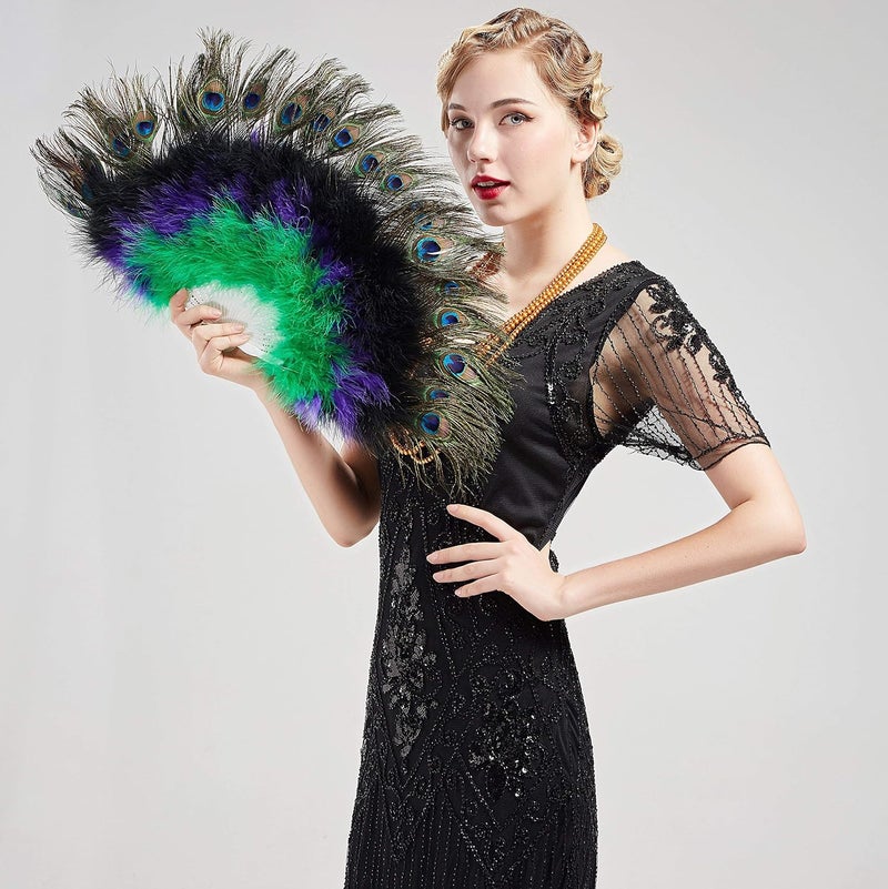 BABEYOND Peacock Marabou Feather Fan - Vintage Style Flapper Accessory for Costume and Parties - Image 3