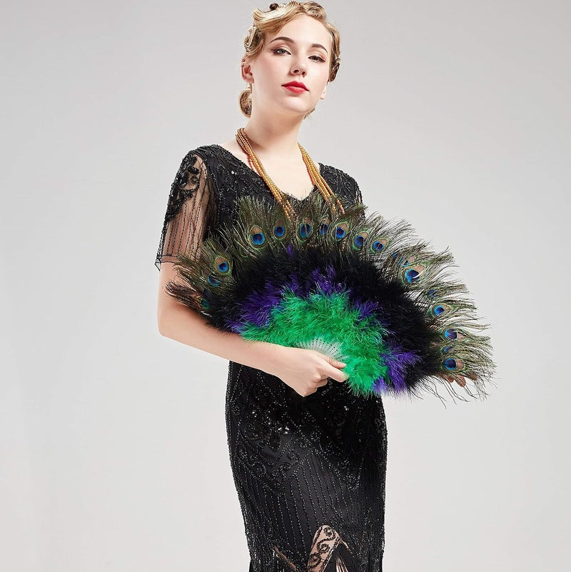 BABEYOND Peacock Marabou Feather Fan - Vintage Style Flapper Accessory for Costume and Parties - Image 4