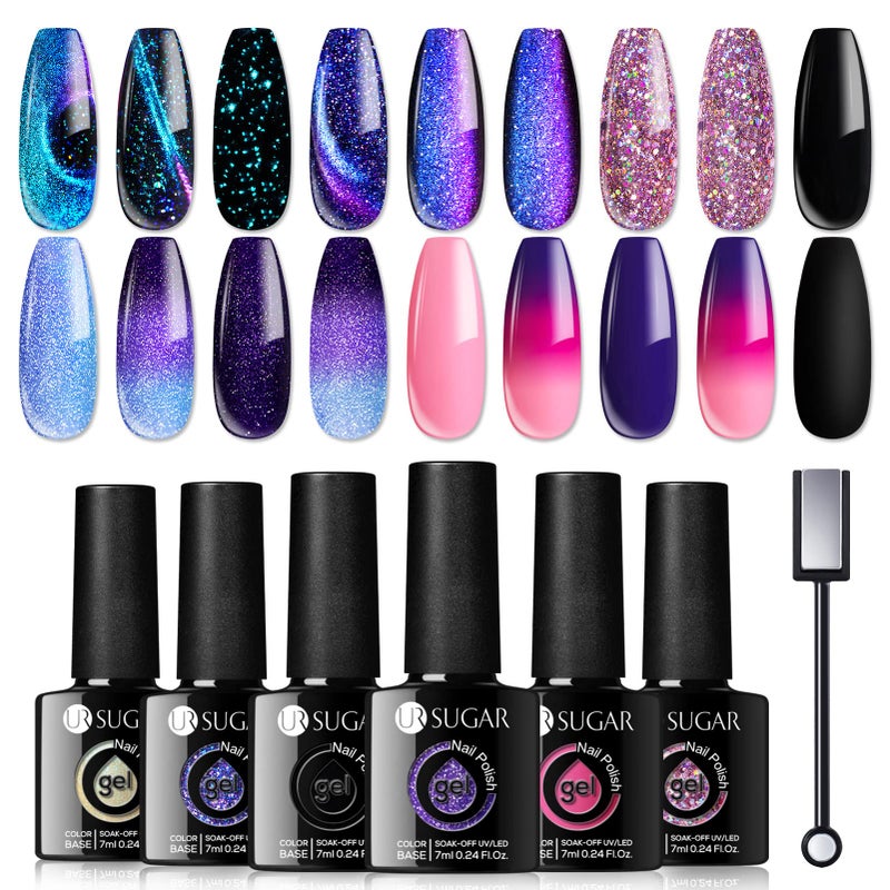 UR SUGAR Glitter Gel Nail Polish Set, 6 Colors Glitter 9D Cat Magnetic Eye Black Nail Polish Color Changing Gel Polish Kit Hot Pink Purple Gold Colors Soak Off Nails Kit Manicure Gift for Women - Image 1