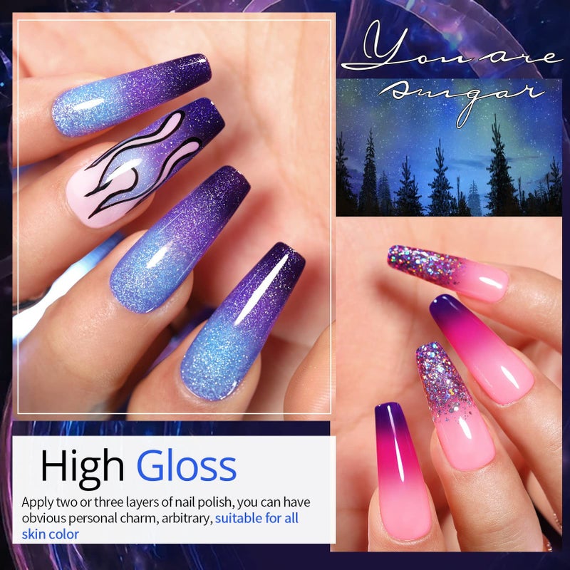 UR SUGAR Glitter Gel Nail Polish Set, 6 Colors Glitter 9D Cat Magnetic Eye Black Nail Polish Color Changing Gel Polish Kit Hot Pink Purple Gold Colors Soak Off Nails Kit Manicure Gift for Women - Image 2