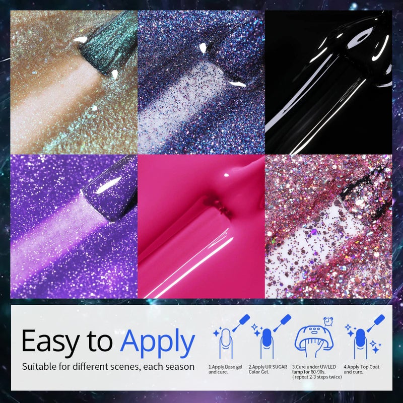 UR SUGAR Glitter Gel Nail Polish Set, 6 Colors Glitter 9D Cat Magnetic Eye Black Nail Polish Color Changing Gel Polish Kit Hot Pink Purple Gold Colors Soak Off Nails Kit Manicure Gift for Women - Image 5