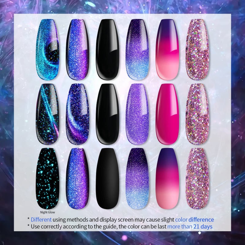 UR SUGAR Glitter Gel Nail Polish Set, 6 Colors Glitter 9D Cat Magnetic Eye Black Nail Polish Color Changing Gel Polish Kit Hot Pink Purple Gold Colors Soak Off Nails Kit Manicure Gift for Women - Image 4