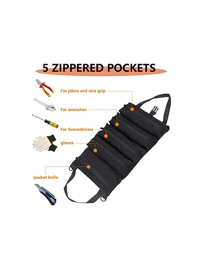 Hersent Super Roll Tool Roll,Multi-Purpose Roll Up Tool Bag, Wrench Roll,Canvas Tool Organizer Bucket,Car First Aid Kit Wrap Roll Storage Case,Hanging Tool Zipper Carrier Tote,Car Camping Gear - Image 4