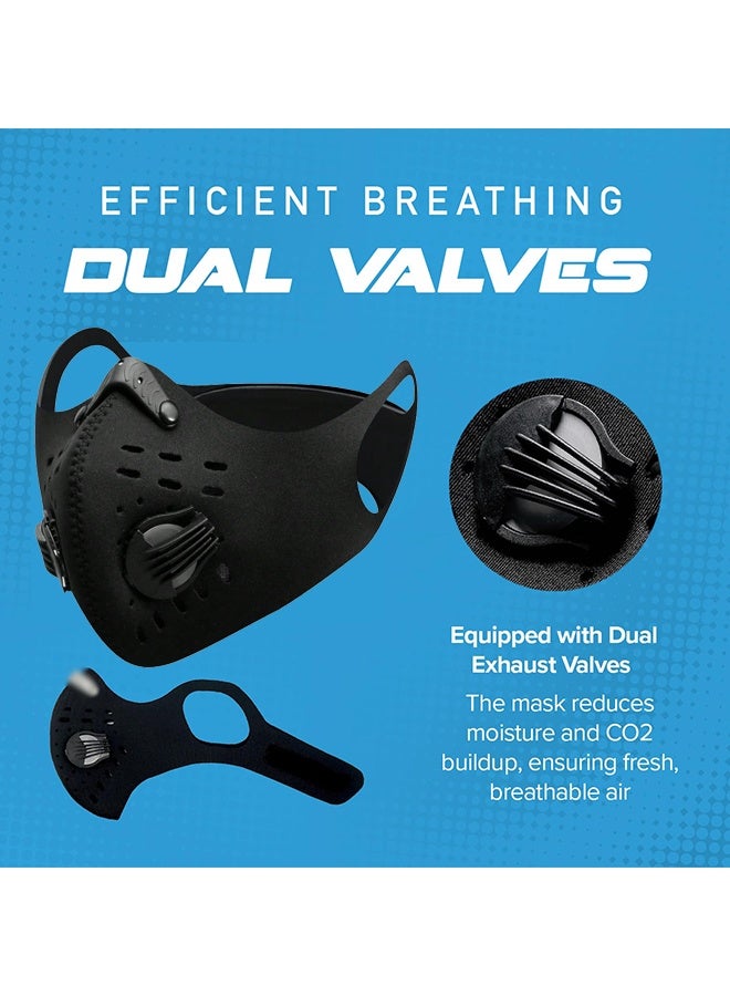 دبليو أف أف أو قطعتان من أقنعة الوجه المضادة للتلوث - حماية من الكربون المنشط بدرجة عسكرية ضد الدخان وعوادم السيارات والغبار وحبوب اللقاح - مثالية للجري والمشي وركوب الدراجات والأنشطة الخارجية (أسود نقي وأزرق) - Image 4