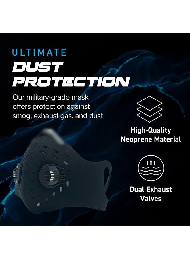 دبليو أف أف أو قطعتان من أقنعة الوجه المضادة للتلوث - حماية من الكربون المنشط بدرجة عسكرية ضد الدخان وعوادم السيارات والغبار وحبوب اللقاح - مثالية للجري والمشي وركوب الدراجات والأنشطة الخارجية (أسود نقي وأزرق) - Image 5