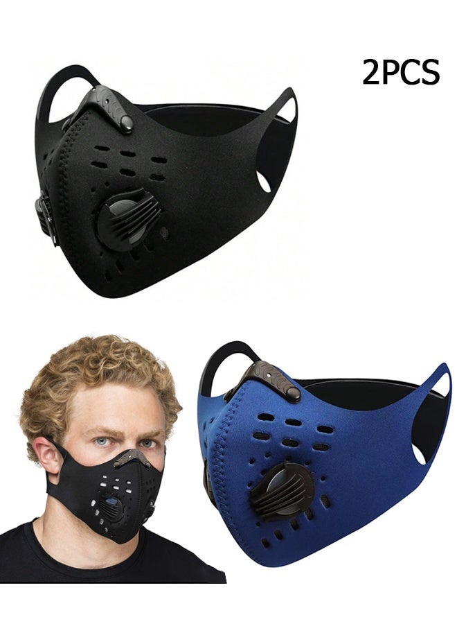 دبليو أف أف أو قطعتان من أقنعة الوجه المضادة للتلوث - حماية من الكربون المنشط بدرجة عسكرية ضد الدخان وعوادم السيارات والغبار وحبوب اللقاح - مثالية للجري والمشي وركوب الدراجات والأنشطة الخارجية (أسود نقي وأزرق) - Image 1