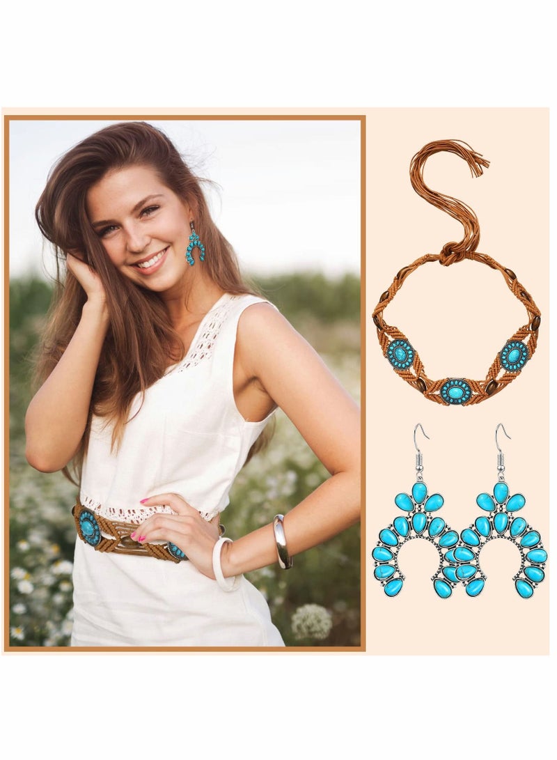 SYOSI Turquoise Braid Waist Belt, Bohemian Style Woven Belt and Turquoise Jewelry and Drop Statement Post Earrings Set for Women, 2pcs - Image 2