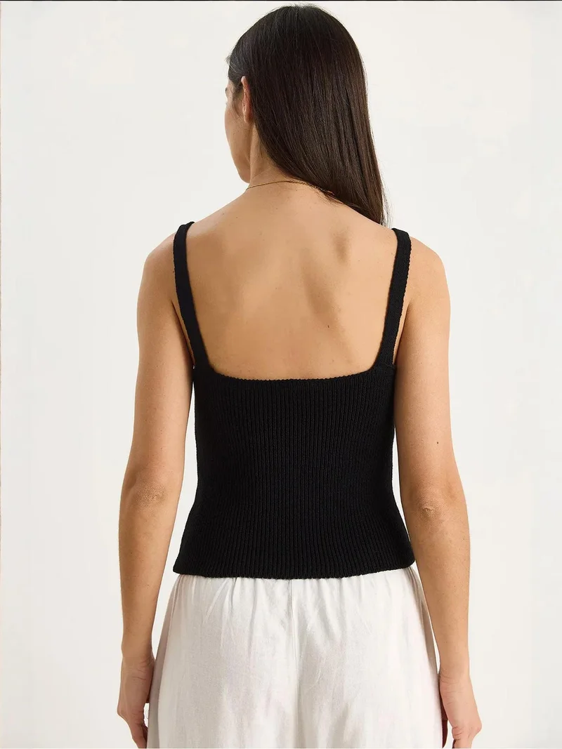 Bianco Lucci Black LUCCI Fitted V-Neck Ribbed Knit Crop Top for Women | Best Price UAE