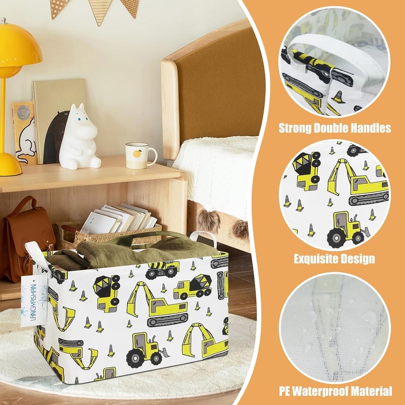 LANGYASHAN Rectangular Storage Bin Collapse Canvas Fabric Cartoon Storage Basket with Handles for Organizing Home Kitchen Boys and Girls Toys Office Closet Shelf Baskets (Rec Engineering Vehicle) - Image 3