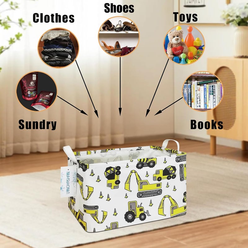 LANGYASHAN Rectangular Storage Bin Collapse Canvas Fabric Cartoon Storage Basket with Handles for Organizing Home Kitchen Boys and Girls Toys Office Closet Shelf Baskets (Rec Engineering Vehicle) - Image 4