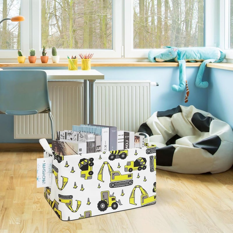 LANGYASHAN Rectangular Storage Bin Collapse Canvas Fabric Cartoon Storage Basket with Handles for Organizing Home Kitchen Boys and Girls Toys Office Closet Shelf Baskets (Rec Engineering Vehicle) - Image 5