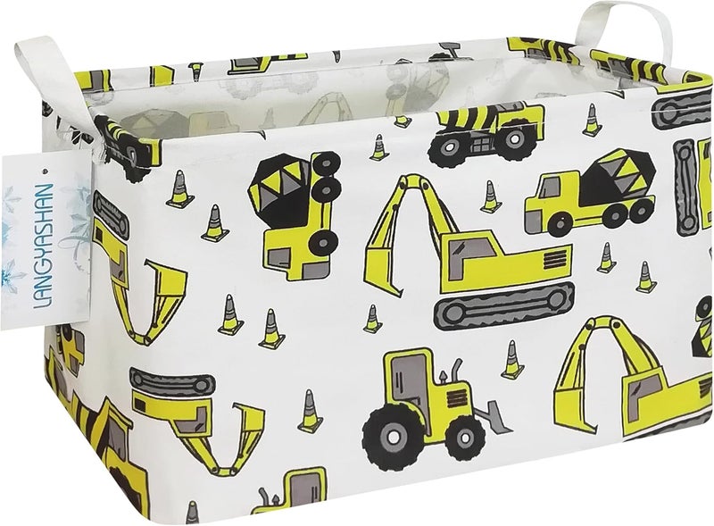 LANGYASHAN Rectangular Storage Bin Collapse Canvas Fabric Cartoon Storage Basket with Handles for Organizing Home Kitchen Boys and Girls Toys Office Closet Shelf Baskets (Rec Engineering Vehicle) - Image 1