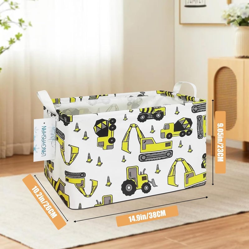 LANGYASHAN Rectangular Storage Bin Collapse Canvas Fabric Cartoon Storage Basket with Handles for Organizing Home Kitchen Boys and Girls Toys Office Closet Shelf Baskets (Rec Engineering Vehicle) - Image 2